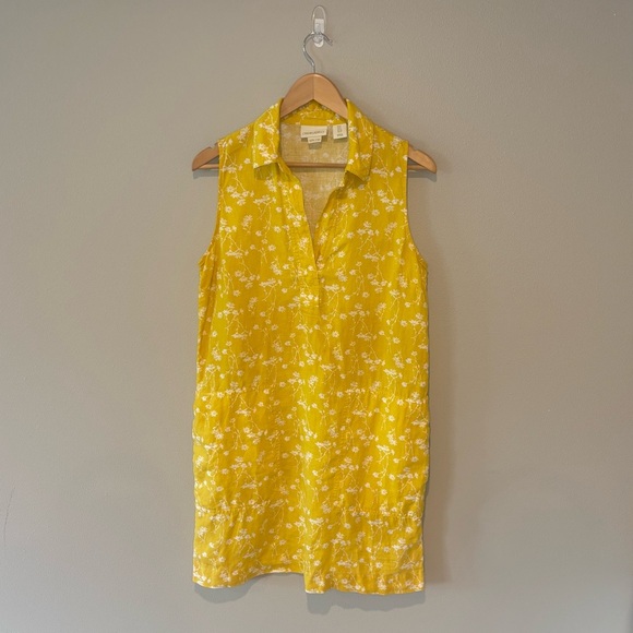 Cynthia Rowley Dresses & Skirts - CYNTHIA ROWLEY 100% Linen Sleeveless Collared Midi Yellow Floral Dress‎ Size 8